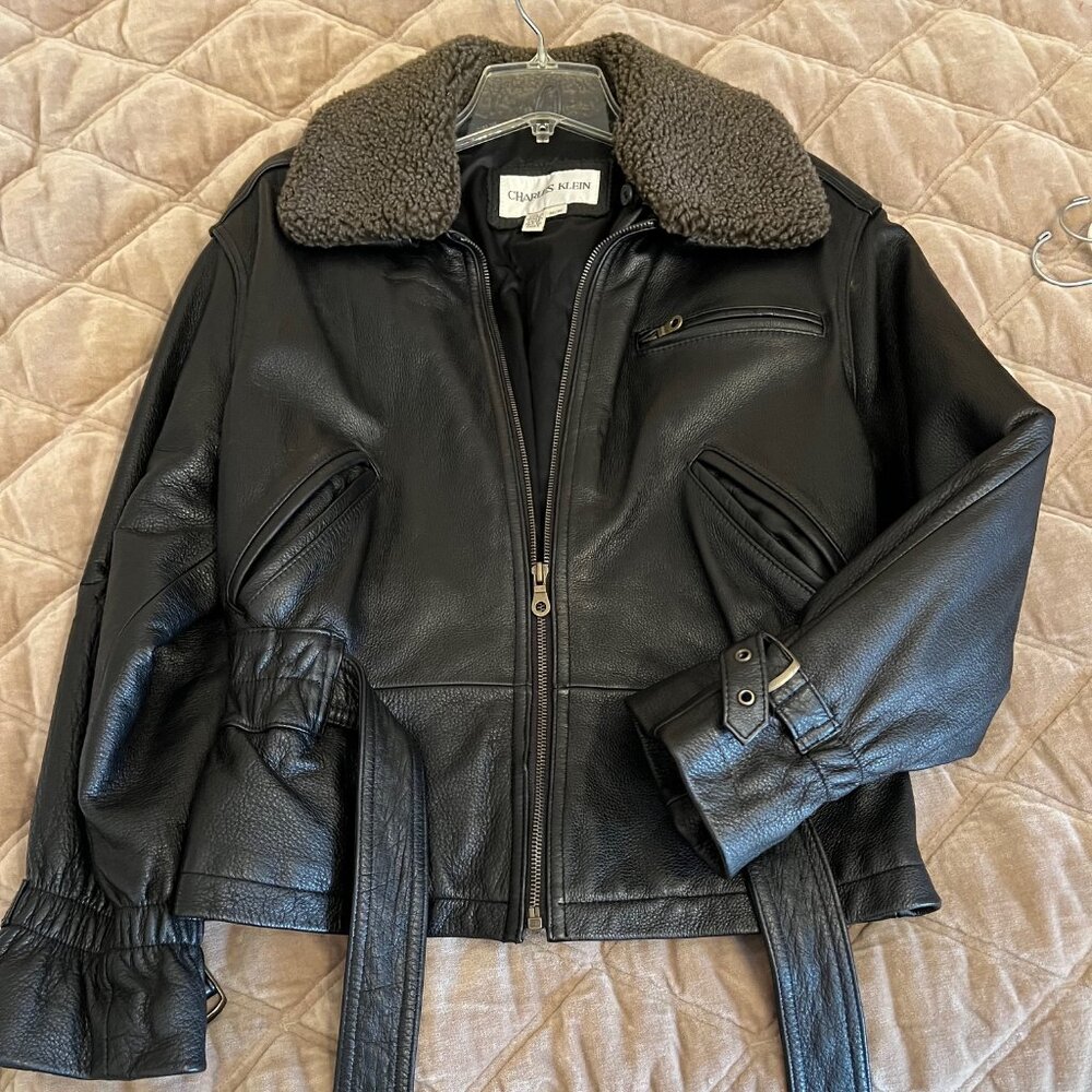Charles Klein Leather jacket with buckles and fur trim ~Sz Med
